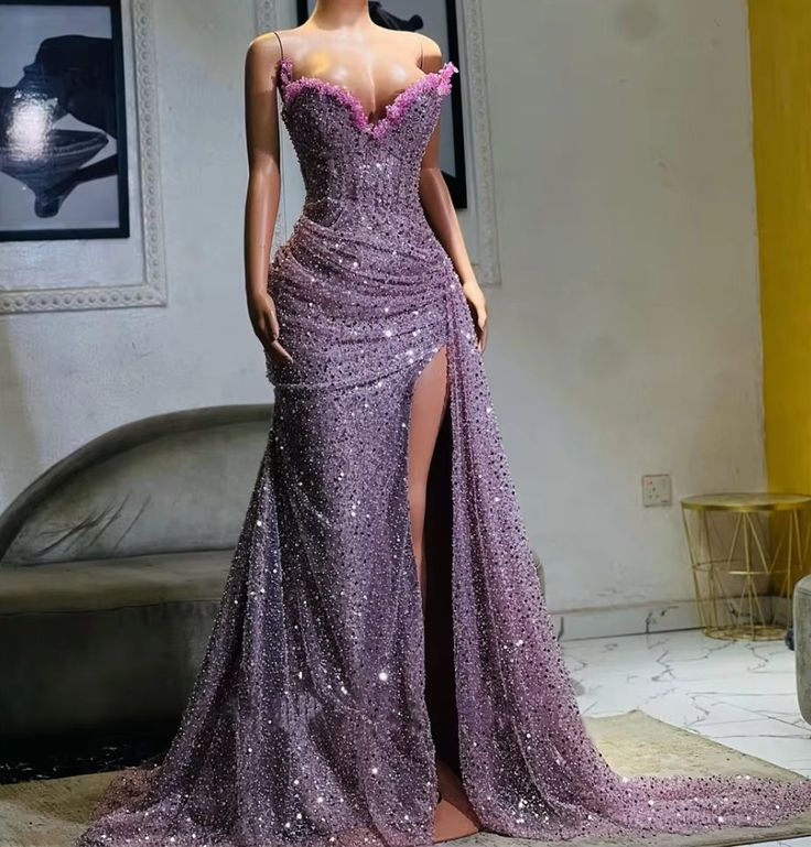 Light Purple High Split Evening Dresses, Sweetheart Mermaid Prom Dresses, Elegant Dresses for Wedding fg6769 - VelvetHem