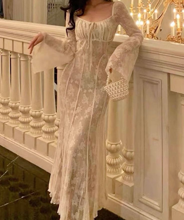 Women's A-line Lace Long Simple Dress, Sexy Elegant Vintage Evening Dress fg6057 - View 5 | VelvetHem