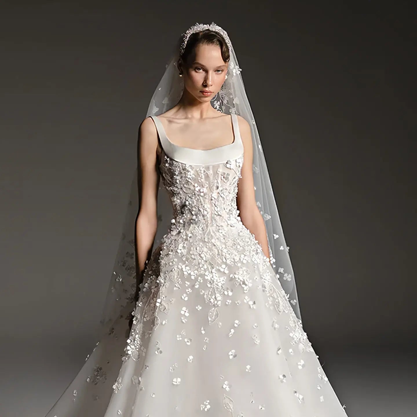 Luxury White Square Neck Beaded Floral Lace Ball Gown Wedding Dress with Veil ZP082