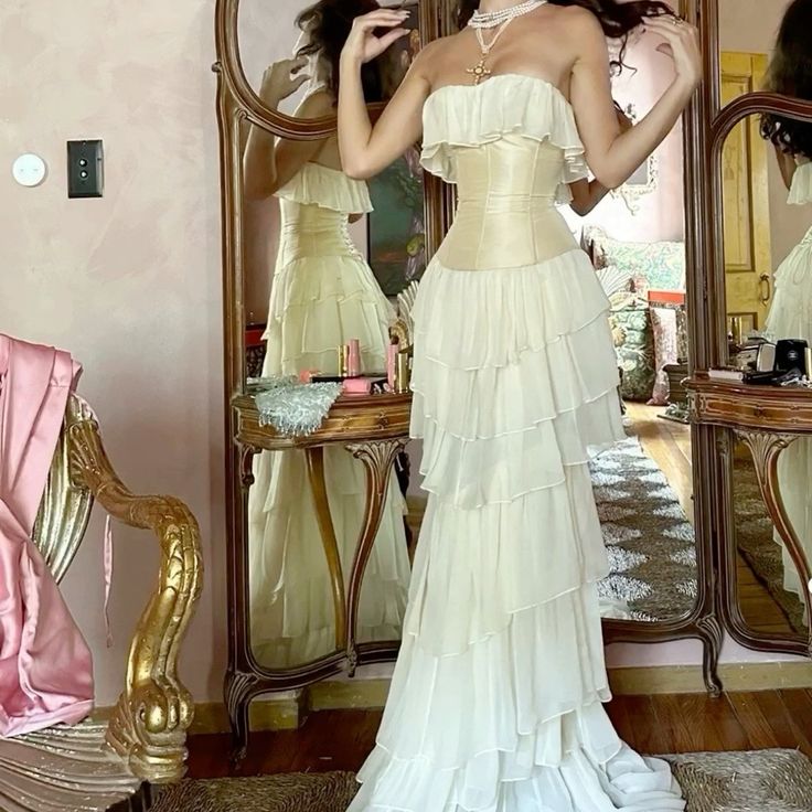 Modest Sheath Strapless Chiffon Sleeveless Ivory Long Prom Dress Evening Dresses fg6798 - View 9 | VelvetHem
