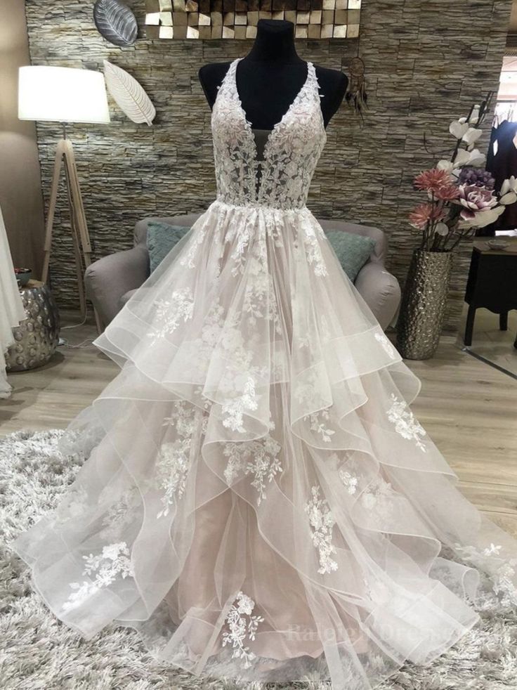 v neck tulle lace long prom dress, evening dress fg6169 - VelvetHem
