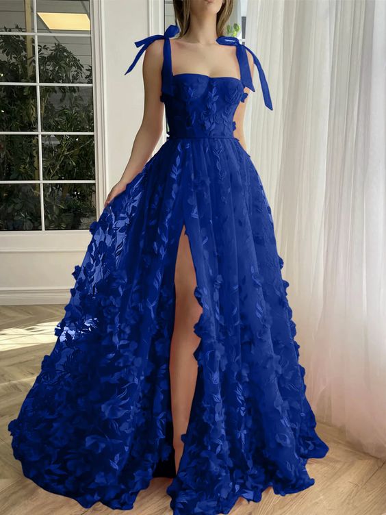 A-Line Princess Blue Straps Long Prom Floral Dresses With Split Side fg6139 - VelvetHem
