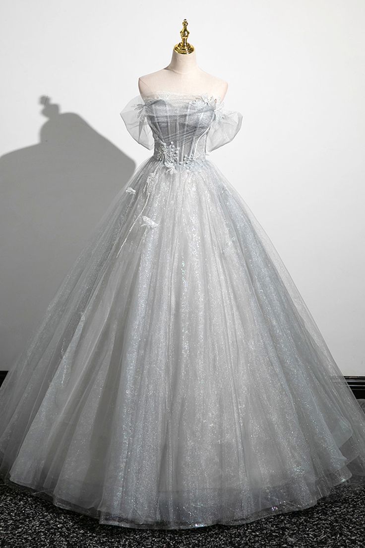 Gray A-Line Off the Shoulder Tulle Prom Dress, Lovely Corset Floor Length Party Dress fg6478 - VelvetHem