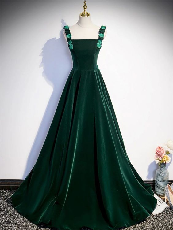 Prom Dresses,a-line Velvet Green Long Prom Dresses, Green Formal Evening Dresses