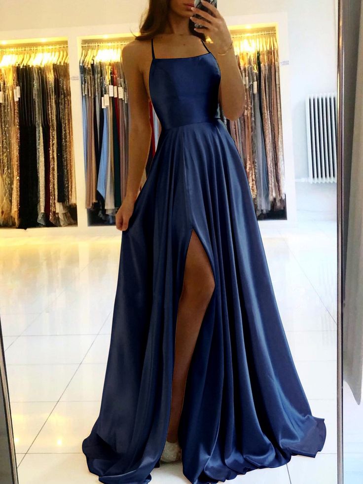 Women Prom Dress Spaghetti Strap Satin Slit Side Dress A-line Prom Dress - VelvetHem