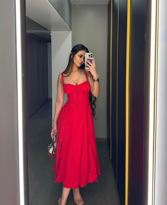 Elegant A Line Midi Dress Sexy Spaghetti Strap Red Holiday Party Dresses fg6795 - VelvetHem