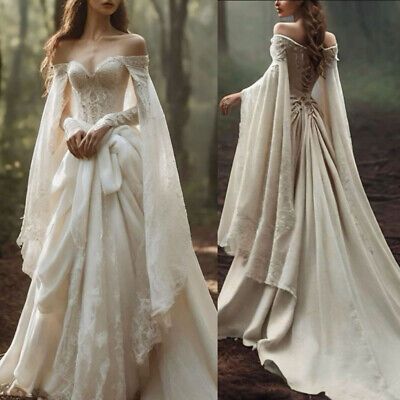 Vintage Off The Shoulder Wedding Dress with Cape Lace Up Lace Applique Bridal Dress - View 3 | VelvetHem