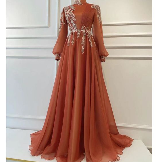 Long Sleeve Prom Dresses, High Neck Prom Dresses, Appliques Evening Dresses, A Line Prom Dresses fg6653 - VelvetHem