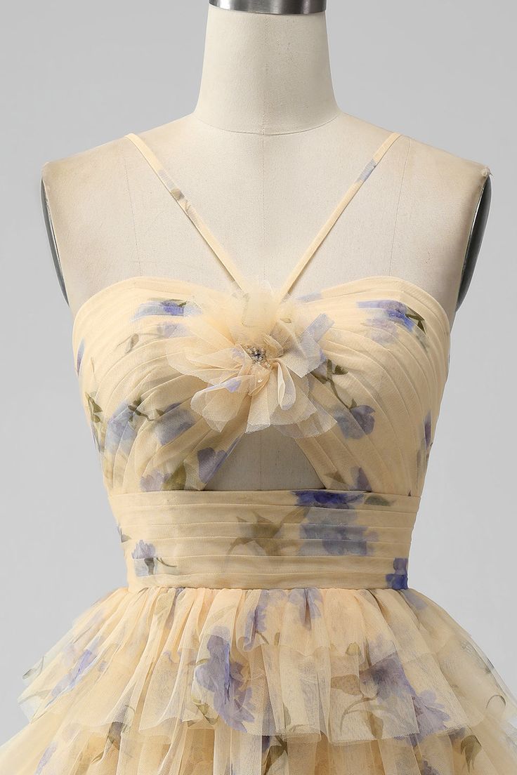 Yellow Print Keyhole Ruffle Tiered Short Homecoming Dress - View 4 | VelvetHem
