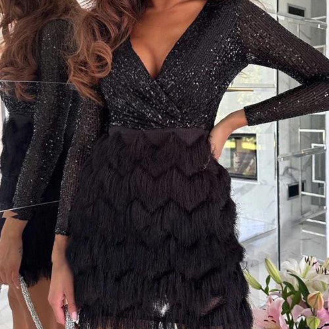 Celia Statement Sequin Dress with V Neck Chic Silhouette Collection