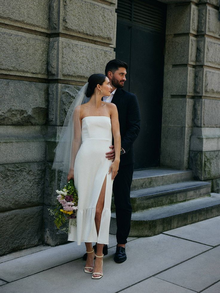 Simple Strapless Sleeveless Satin Sheath Midi Wedding Dress With Slit fg6333 - View 3 | VelvetHem