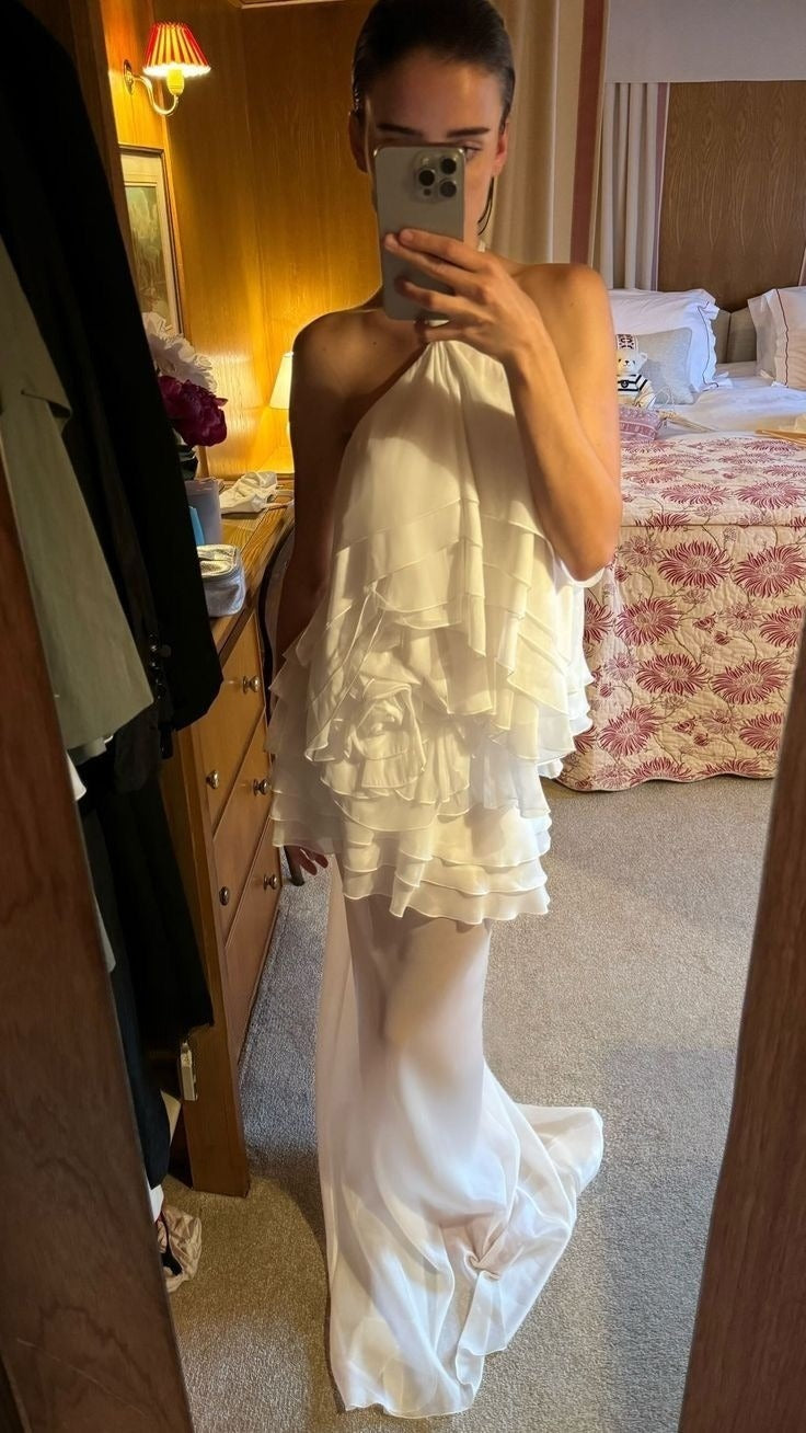 White Halter Chiffon Long Prom Dresses New Arrive Party Dress Evening Dress - View 2 | VelvetHem