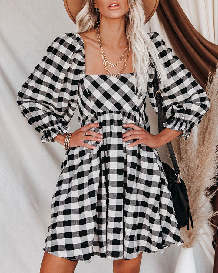 Brownstone Plaid Adjustable Balloon Sleeve Dress FINAL