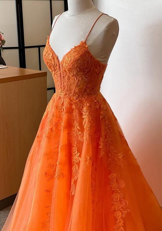 Orange Straps Lace/Tulle Long Prom Dress fg6486 - VelvetHem