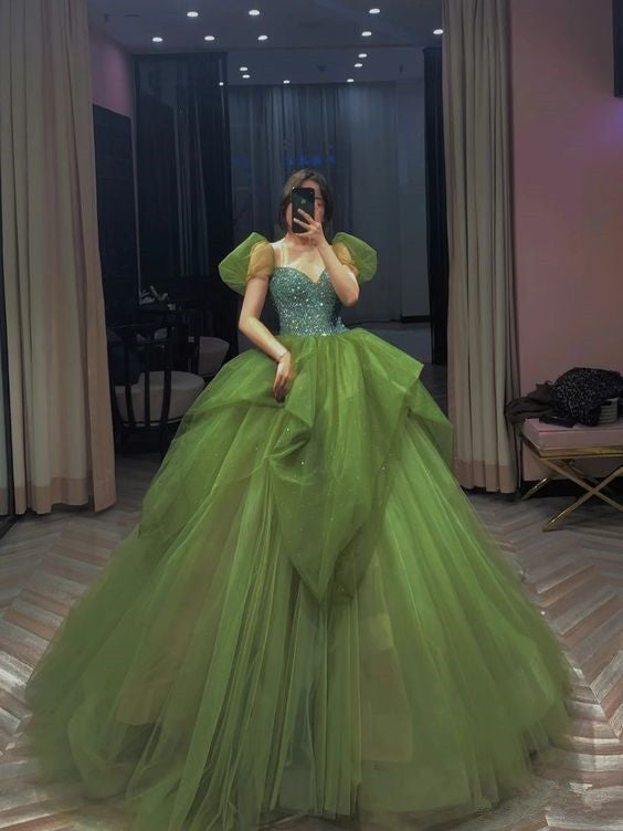 A-line Green Dress Tulle Long Prom Dresses Short Sleeves Evening Gowns - VelvetHem