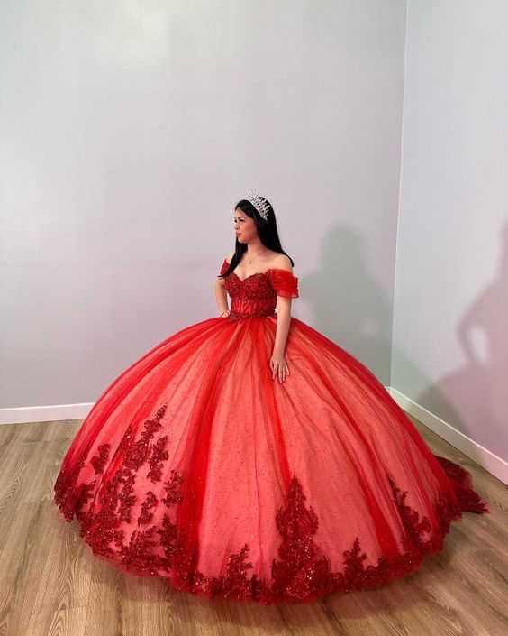 Red Off The Shoulder Ball Gown,Red Sweet 16 Dress,Princess Dress - View 2 | VelvetHem