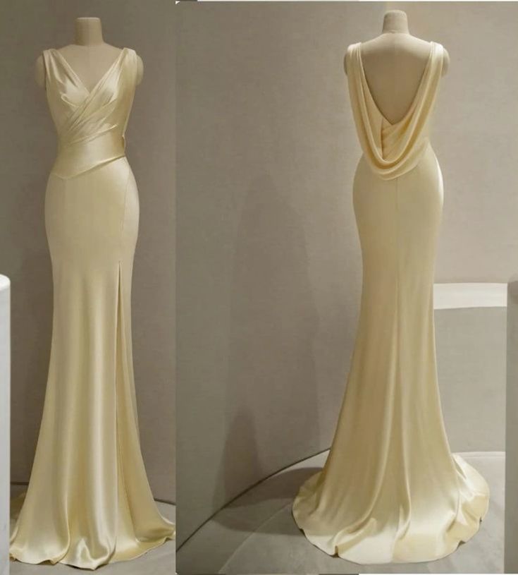 Pastel Yellow Satin Backless Mermaid Long Prom Dress fg6689 - VelvetHem
