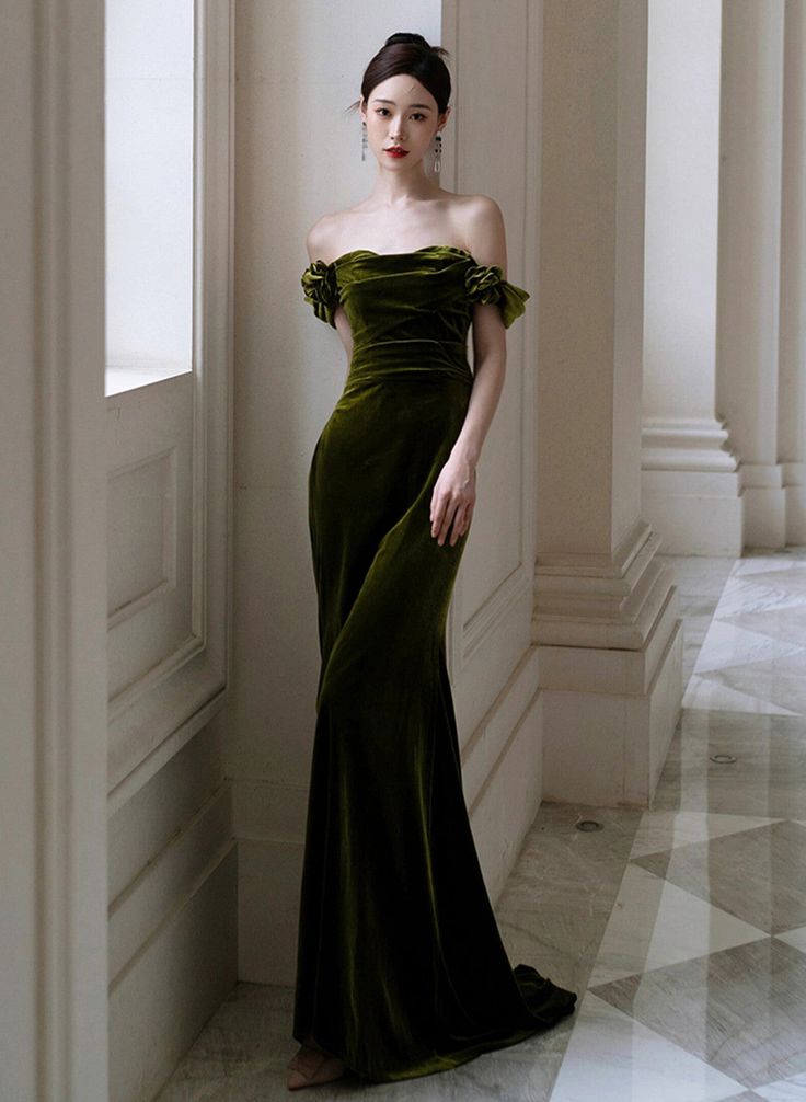 Dark Green Mermaid Velvet Off Shoulder Party Dress, Dark Green Prom Dress fg6199 - VelvetHem