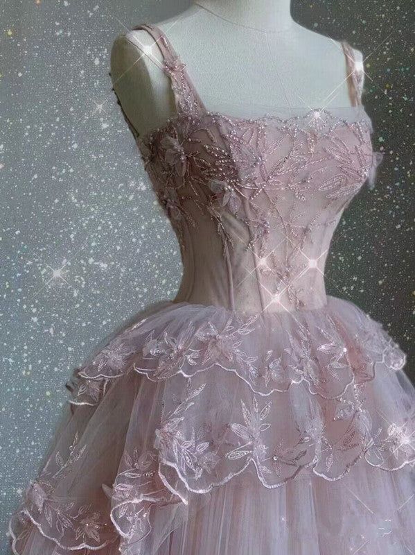 Modest Ball Gown Straps Pink Tulle Prom Dresses 22th Birthday Outfit - VelvetHem