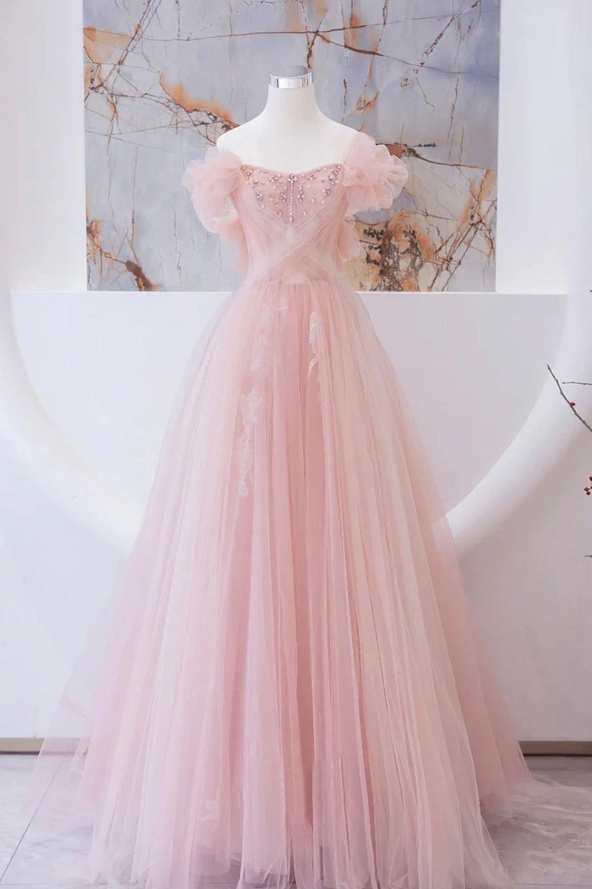 Tulle Beaded Long Prom Dress, A-Line Evening Party Dress fg6228 - VelvetHem