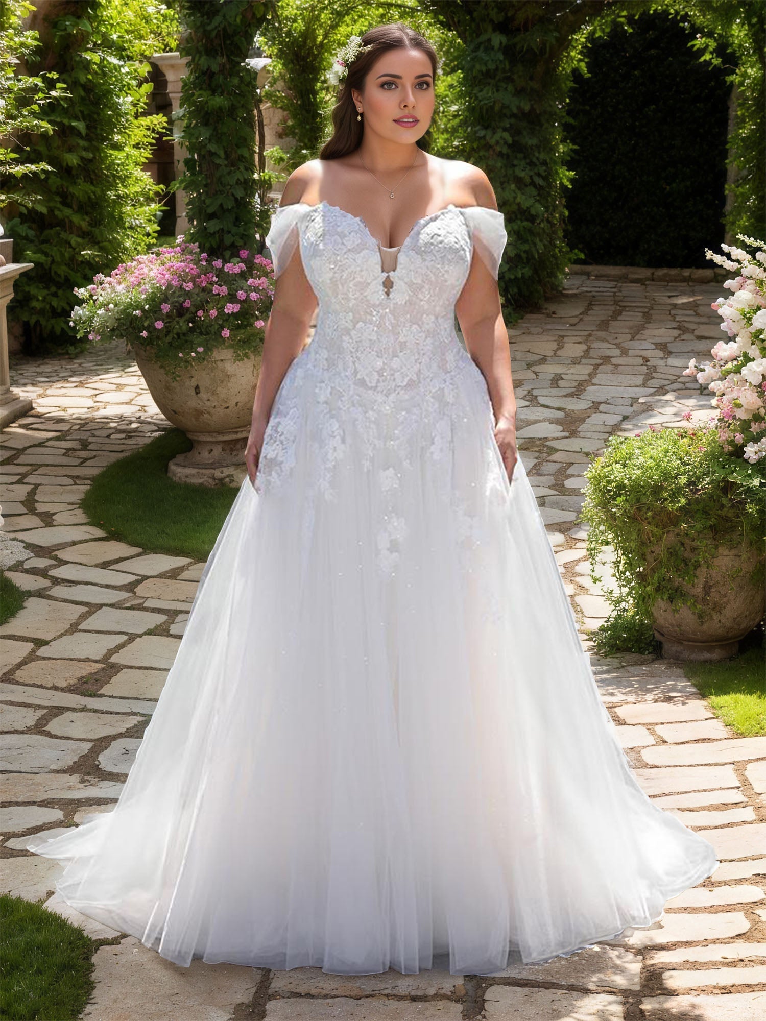 Off the Shoulder Wedding Gowns Plus Size Applique Tulle Wedding Dress