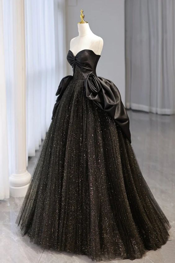 Shiny Black Tulle Strapless Long Prom Dresses, Black Tulle Formal Evening Dresses fg6373 - VelvetHem