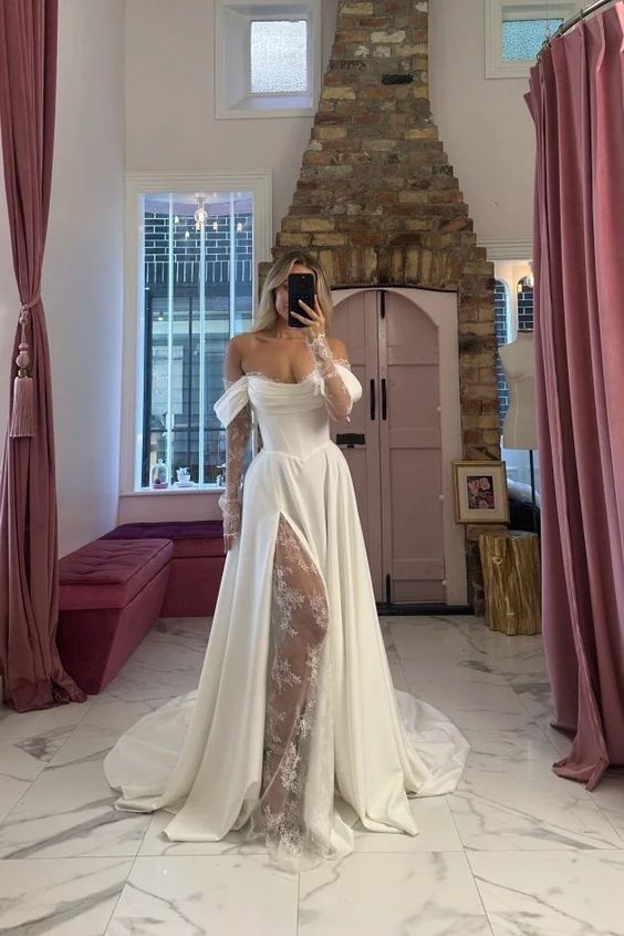 Sexy Slit Off Shoulder Lace Long Sleeves Wedding Dress fg6611 - VelvetHem