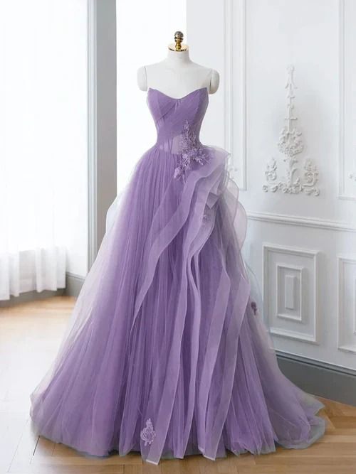 A-Line Purple Evening Dress Long Prom Dress Tulle Lace Prom Dresses fg6499 - VelvetHem