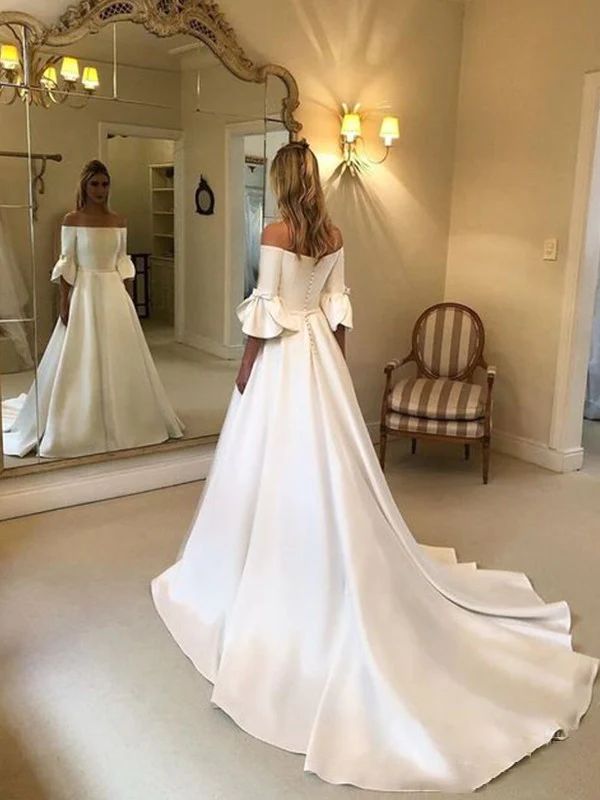 Elegant Off-Shoulder Satin Wedding Dress with Bow fg6426 - VelvetHem