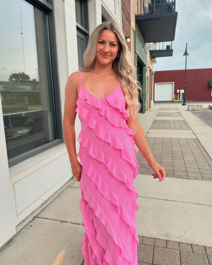 Pink Chiffon Ruffle Party Dress Long Prom Dress fg6396 - VelvetHem