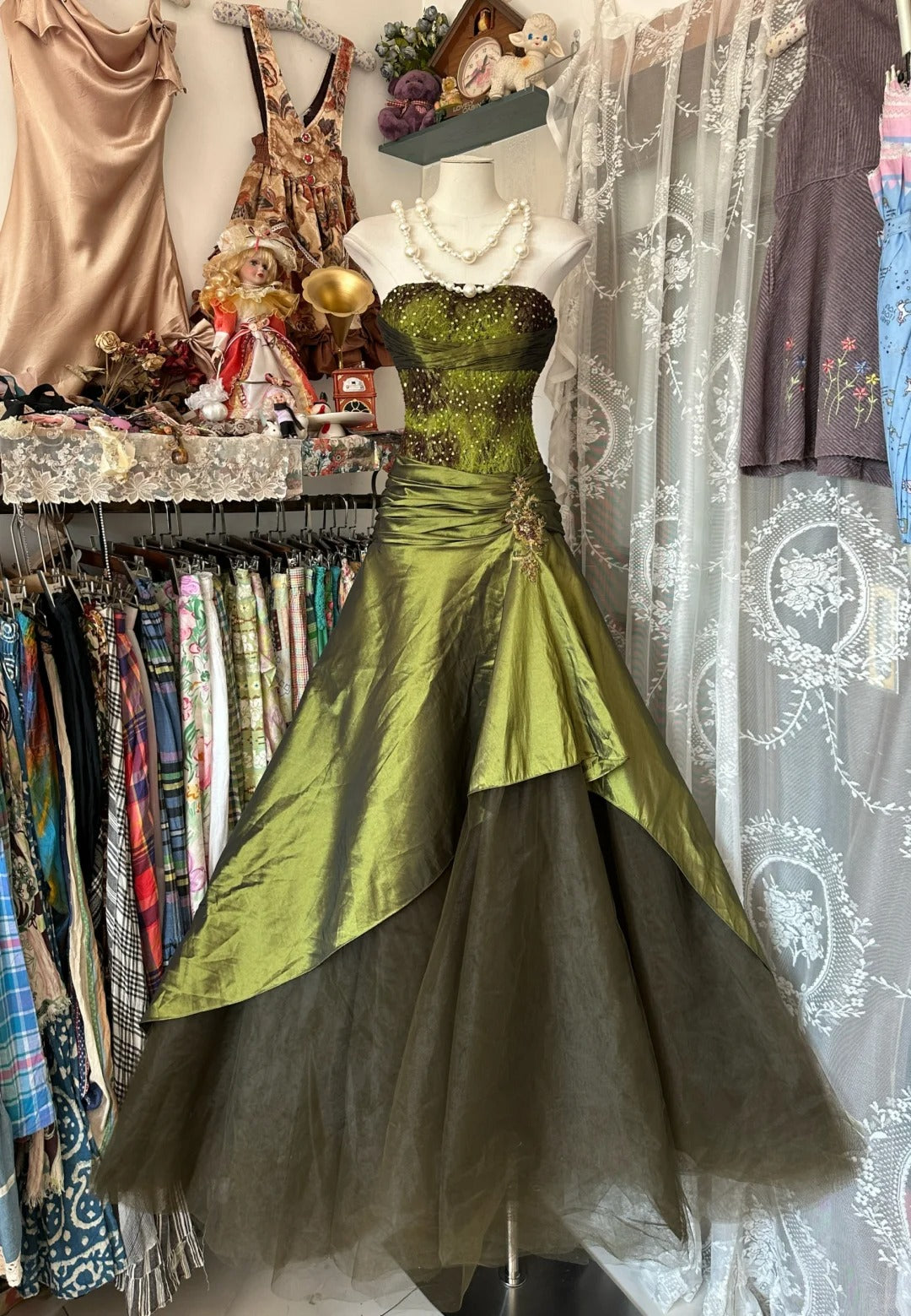 A Line Green Strapless Vintage Prom Dress Long Evening Dress