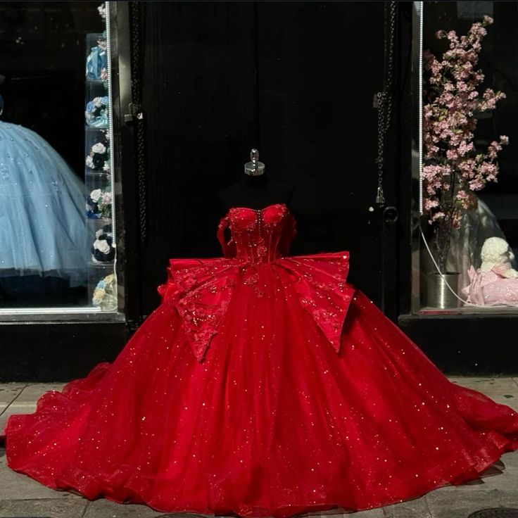 Red Princess Quinceanera Vestidos Gillter Off The Shoulder Corset vestidos de 15 Quinceanera Dress fg6291 - VelvetHem