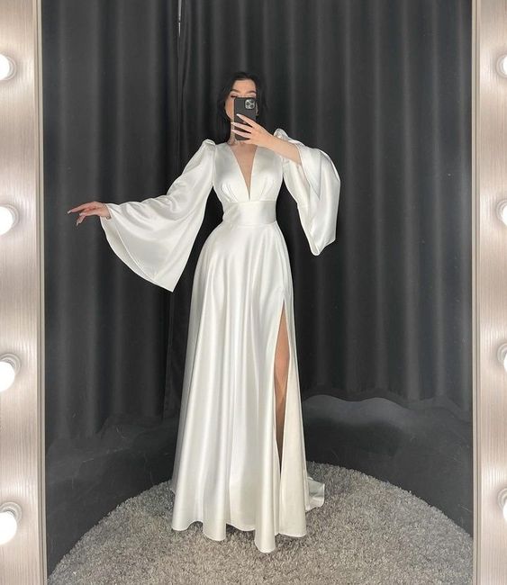 Satin Flare Long Sleeve Wedding Dresses Side Split Deep V Neck Bride Dress - View 2 | VelvetHem