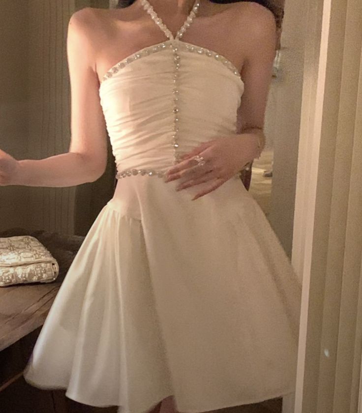A Line White Halter Homecoming Dress Short Evening Dress Cocktail Dresses Short Party Dress - View 3 | VelvetHem