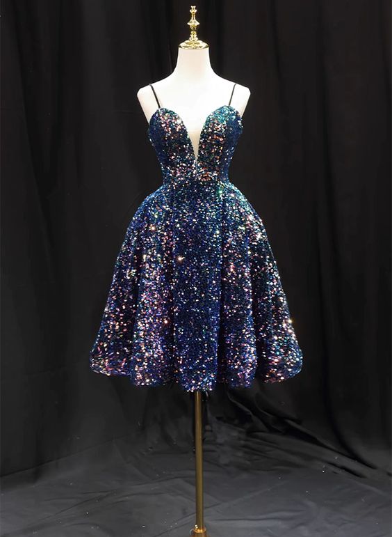 Sequins V-Neckline Short Straps Homecoming Dress, Short Sequins Prom Dress