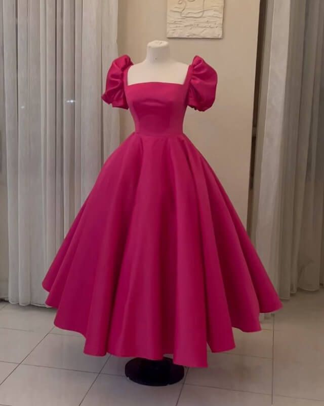 Puffy Sleeves Ankle Length Satin Ball Gown - VelvetHem