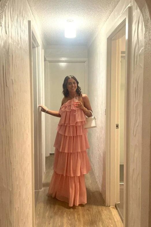 Halter Pink Layer Long Prom Dress Chiffon Birthday Dress fg6405 - View 3 | VelvetHem