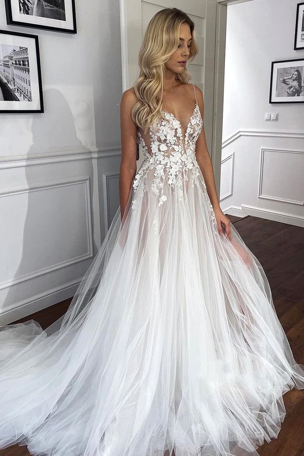 Spaghetti Straps V-Neck Lace Appliques A-line Tulle Rustic Wedding Dress With Slit fg6416 - VelvetHem