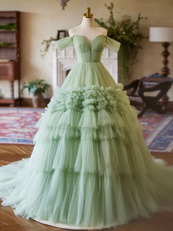 A-Line off Shoulder Tulle Green Long Prom Dress, Green Sweet 16 Dress fg6744 - VelvetHem