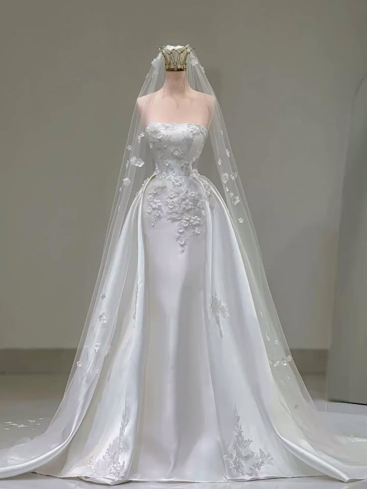 A Line White Long Satin 3D Floral Wedding Dress Bridal Gown