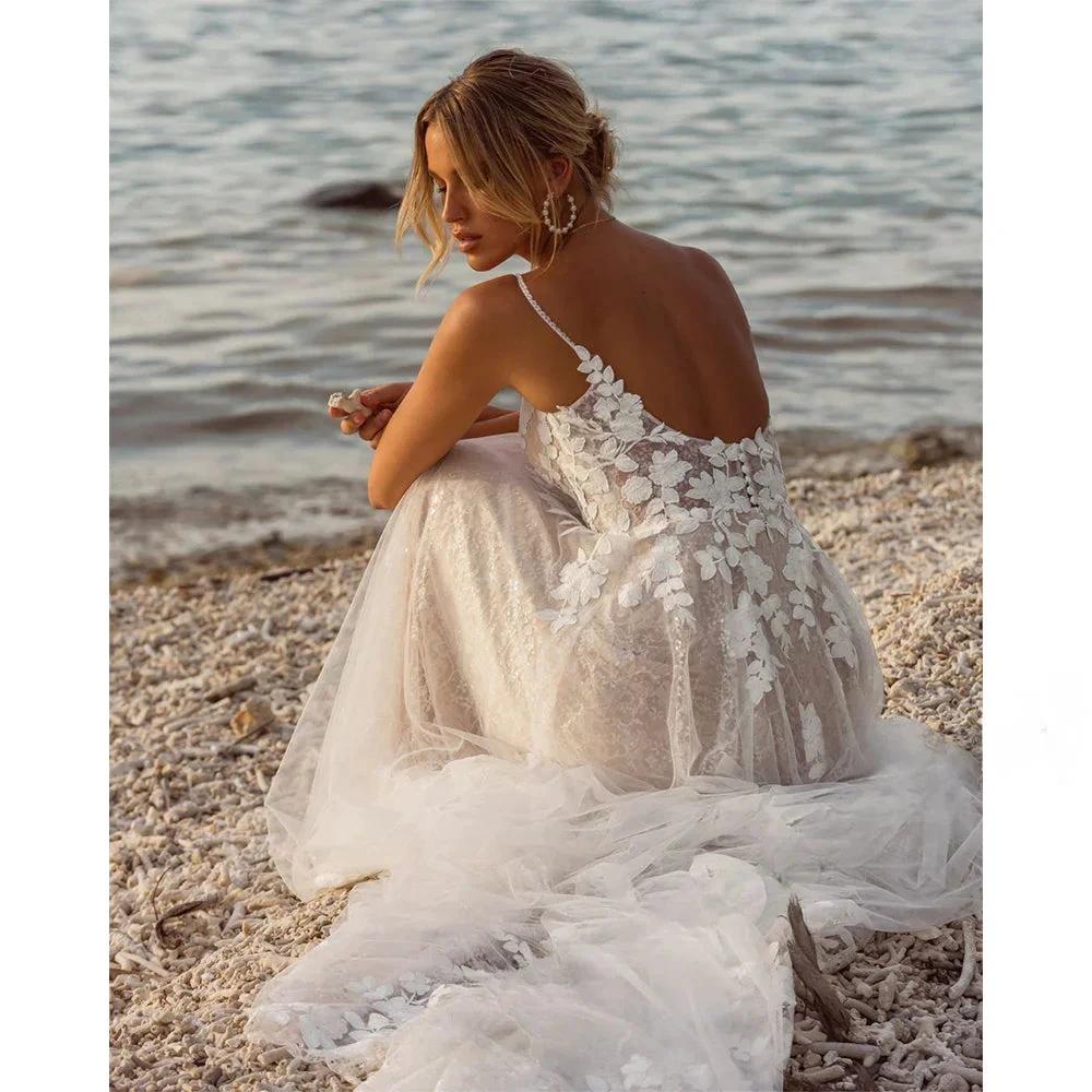 Boho Lace Wedding Dress Spaghetti Straps Deep V-Neck A-Line Bridal Gown with 3D Floral Appliqués