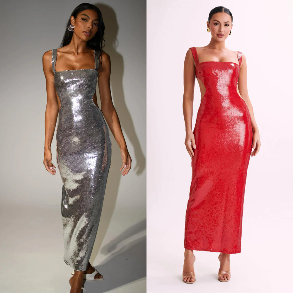 Sequin Backless Slim Fit Slit Prom Dress - VelvetHem