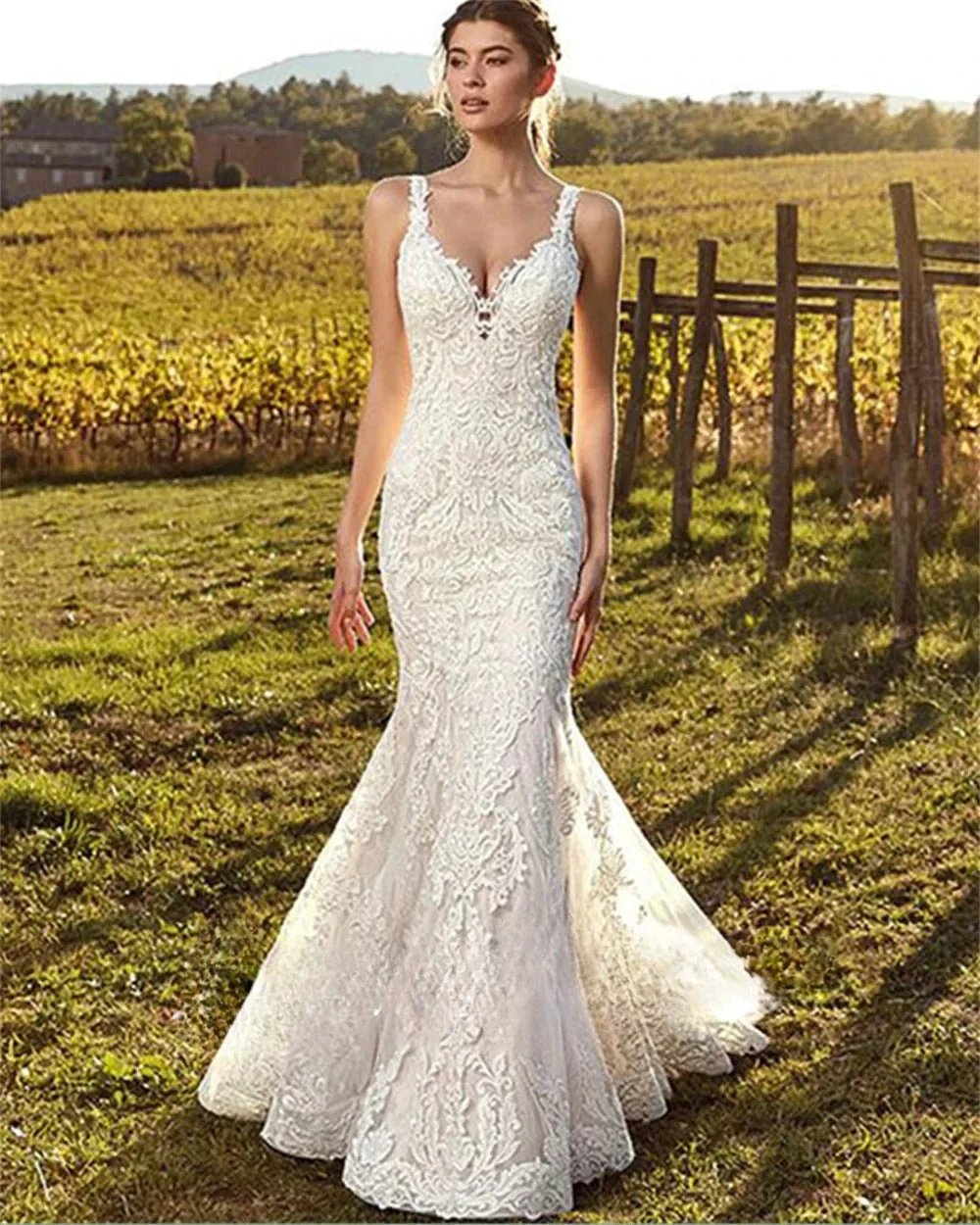 Customized Sexy V-Neck Mermaid Wedding Dress 2026 Lace Boho Sleeveless Bride Gown Buttons Pleats Illusion Back Vestido De Novia (ZD17067)