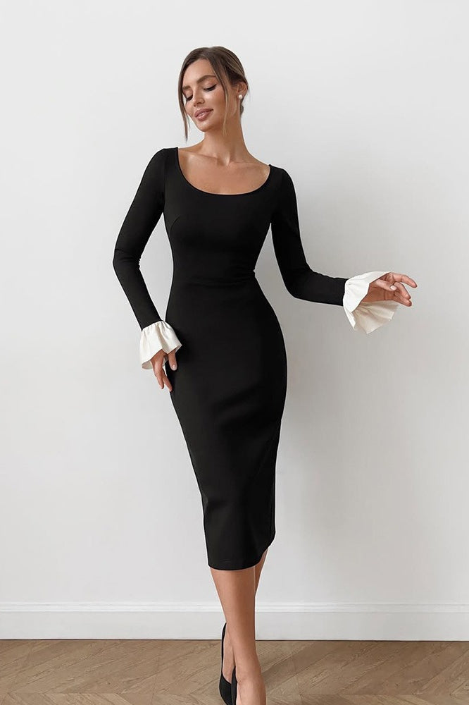 U Neck Lace Panel Midi Dress
