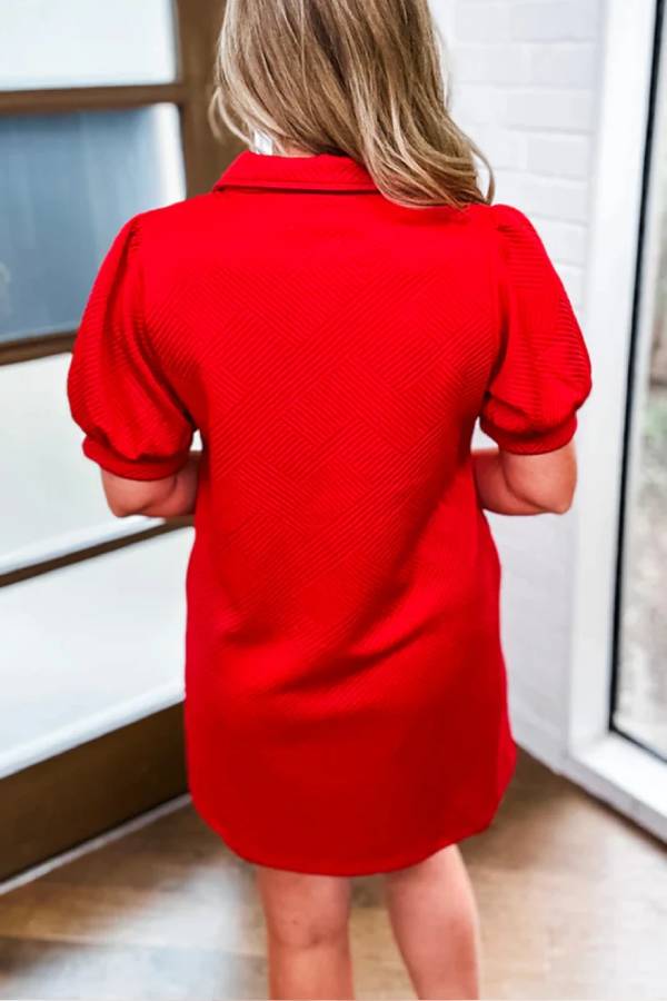 Audrey Minimalist Fiery Red Structured Mini Dress with V Neck and Puff Sleeves Evening Wear Edit