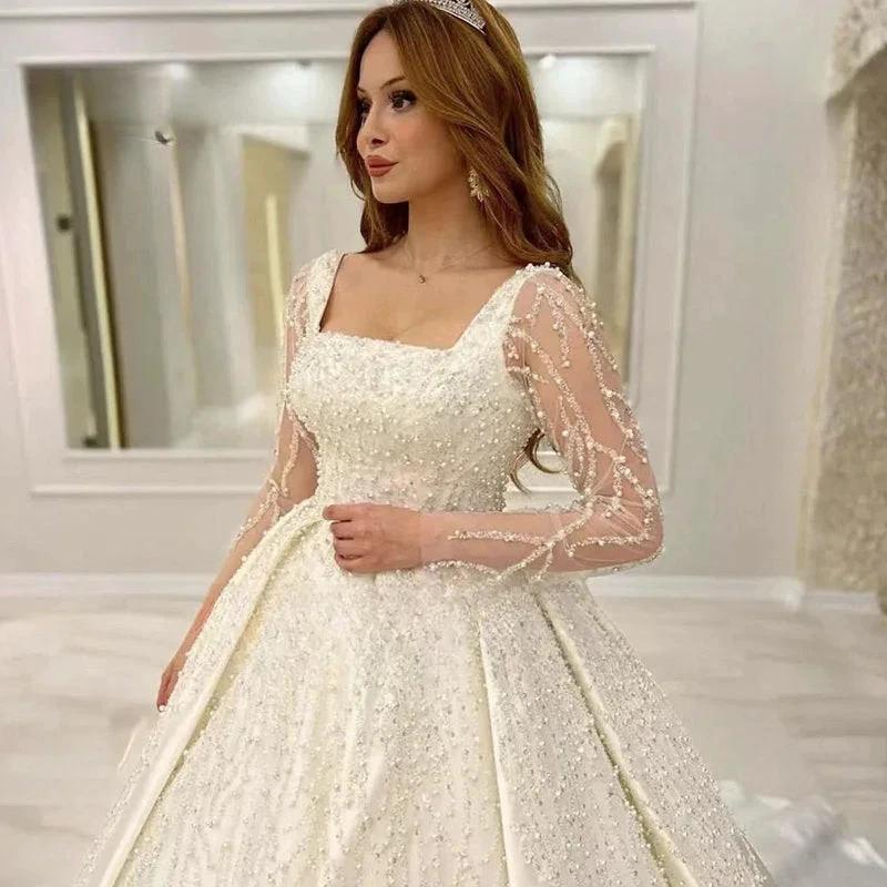 Luxury Wedding Dress Embroidered Lace Beading With Princess Ball Gown Square Collar Fullsleeve Bride Button Vestido De Novia (ZD13486)