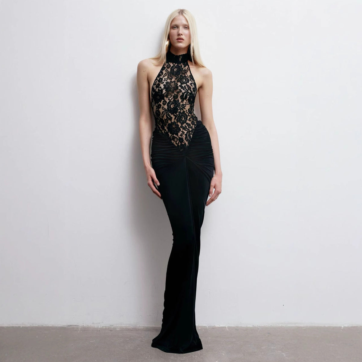 Sheer Lace Halter Backless Black Prom Dress - VelvetHem