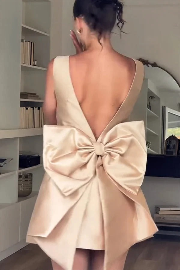 Daisy Premium Satin Mini Dress with Oversized Bow Detail and Square Neckline Wardrobe Essential