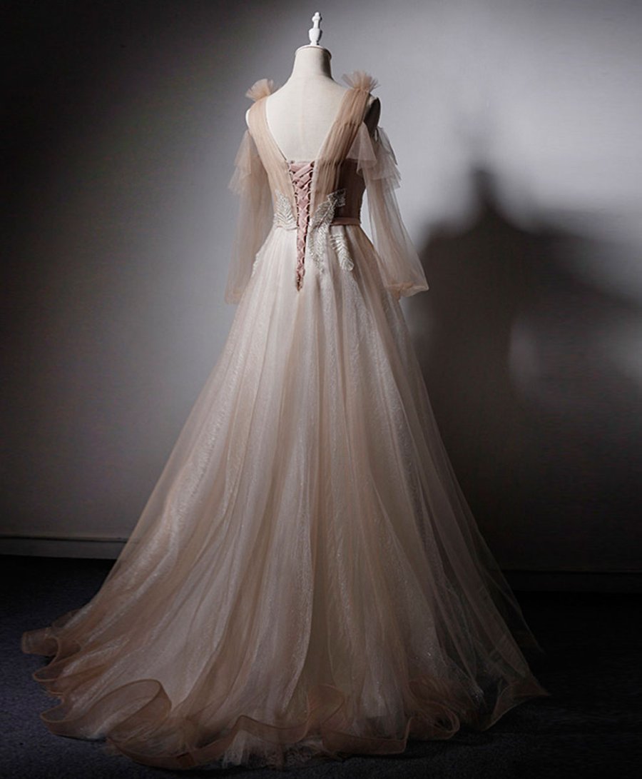 Champagne v neck tulle lace long prom dress champagne evening dress - View 3 | VelvetHem