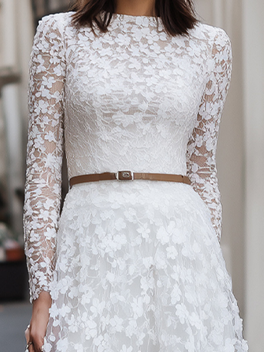 Elegant Floral Lace Long-Sleeve Midi Dress